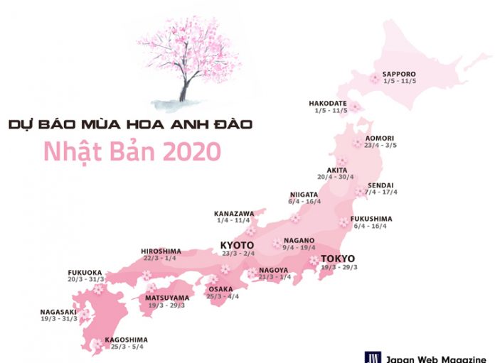 Bản đồ dự báo mùa hoa anh đào năm 2020 trên toàn nước Nhật.