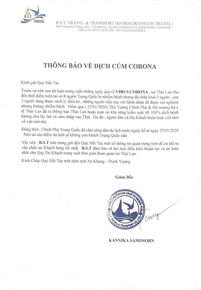 Thông báo từ đối tác Thái Lan của Tugo về tình hình phòng chống dịch