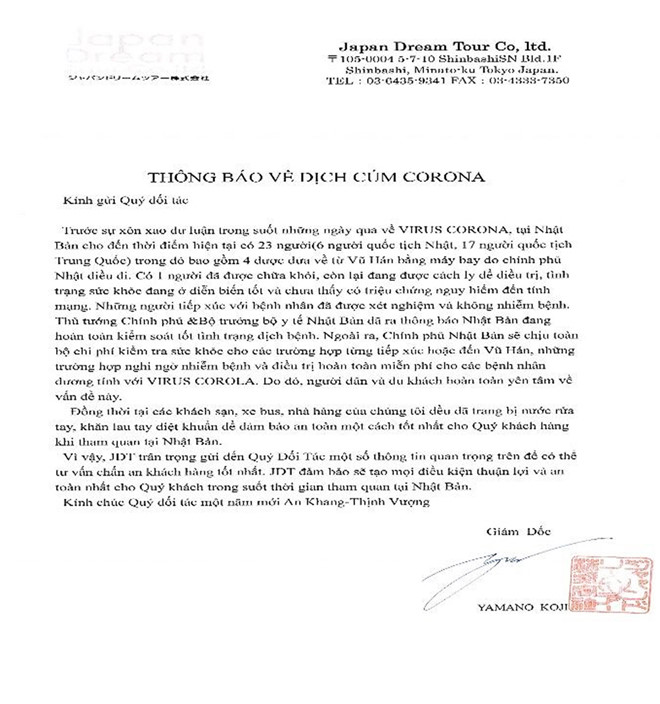 Thông báo từ đối tác Nhật Bản của Tugo về tình hình phòng chống dịch - Ảnh: Tugo