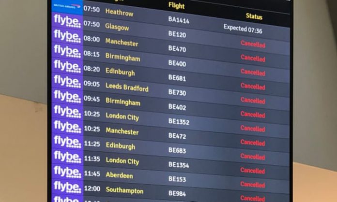 Các chuyến bay của Flybe đều bị hủy. Cùng với Thomas Cook, Flybe là hãng hàng không thứ hai ở Anh phá sản trong vòng 6 tháng trở lại. Thomas Cook tuyên bố phá sản vào tháng 9/2019. Ảnh: PA.