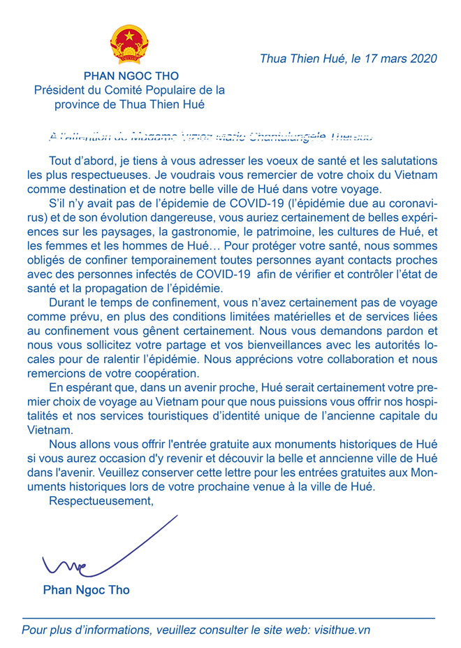 Chủ tịch Thừa Thiên - Huế viết thư cho du khách nước ngoài cách ly vì Covid-19 - ảnh 1